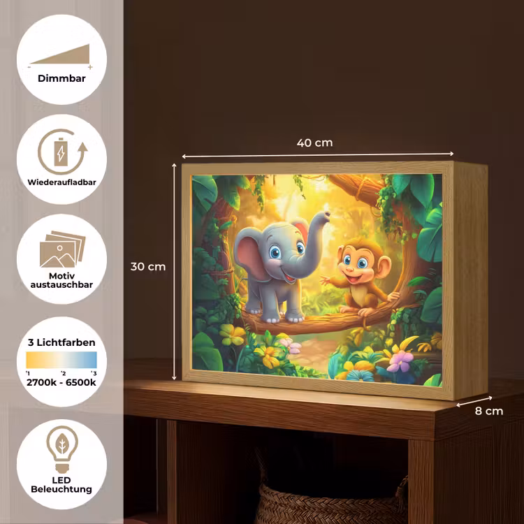 Olifant - Appje - Jungle - Kleurrijk Light Box met batterij (Wandlamp kind) middel -USP_websiteoverzichtDE