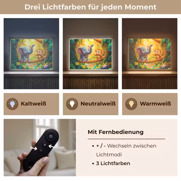 Olifant - Appje - Jungle - Kleurrijk Light Box met batterij (Wandlamp kind) middel -USP_lichtkleurDE