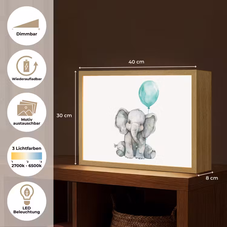 Olifant - Baby - Dieren - Blauwe ballon Light Box met batterij (Wandlamp kind) middel -USP_websiteoverzichtDE