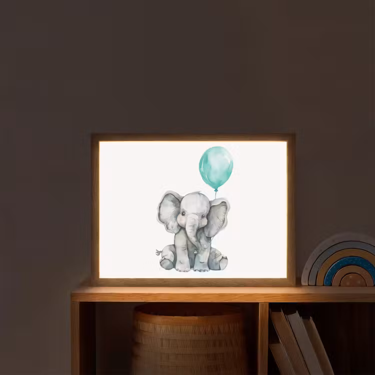 Olifant - Baby - Dieren - Blauwe ballon Light Box met batterij (Wandlamp kind) middel -sfeer1_kind