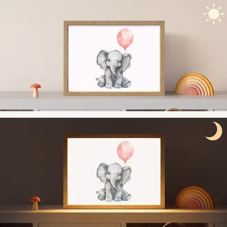 Olifant - Baby dier - Roze ballon Light Box met batterij (Wandlamp kind) middel -sfeer3_kind
