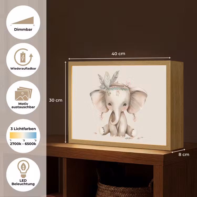 Olifant - Bohemian - Dieren - Boho Light Box met batterij (Wandlamp kind) middel -USP_websiteoverzichtDE