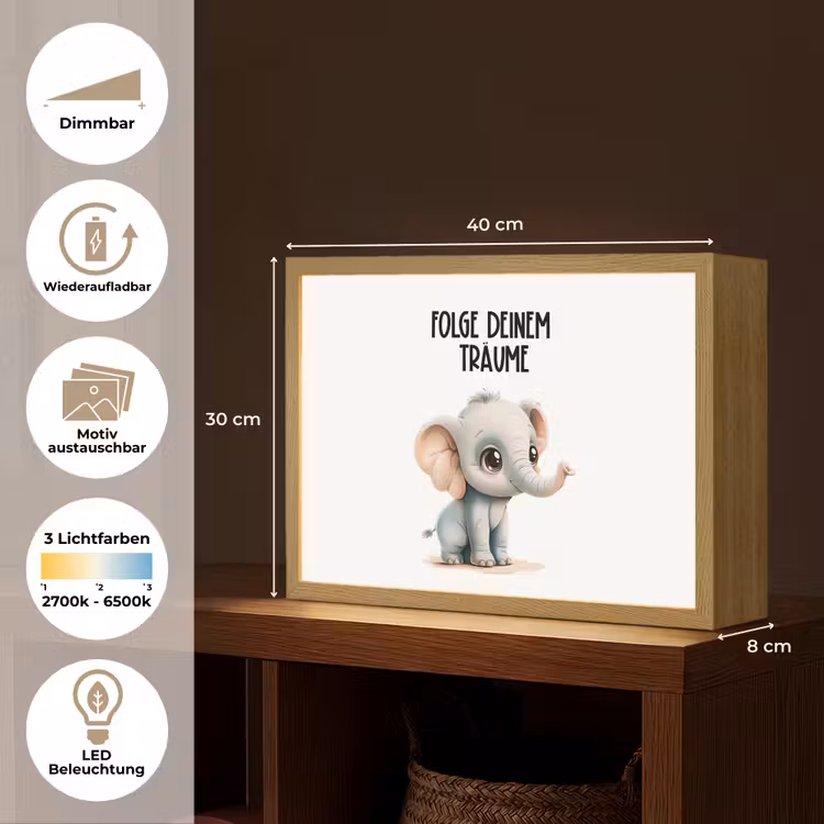 Olifant - Volg je dromen - Quote - Dier Light Box met batterij (Wandlamp kind) middel -USP_websiteoverzichtDE