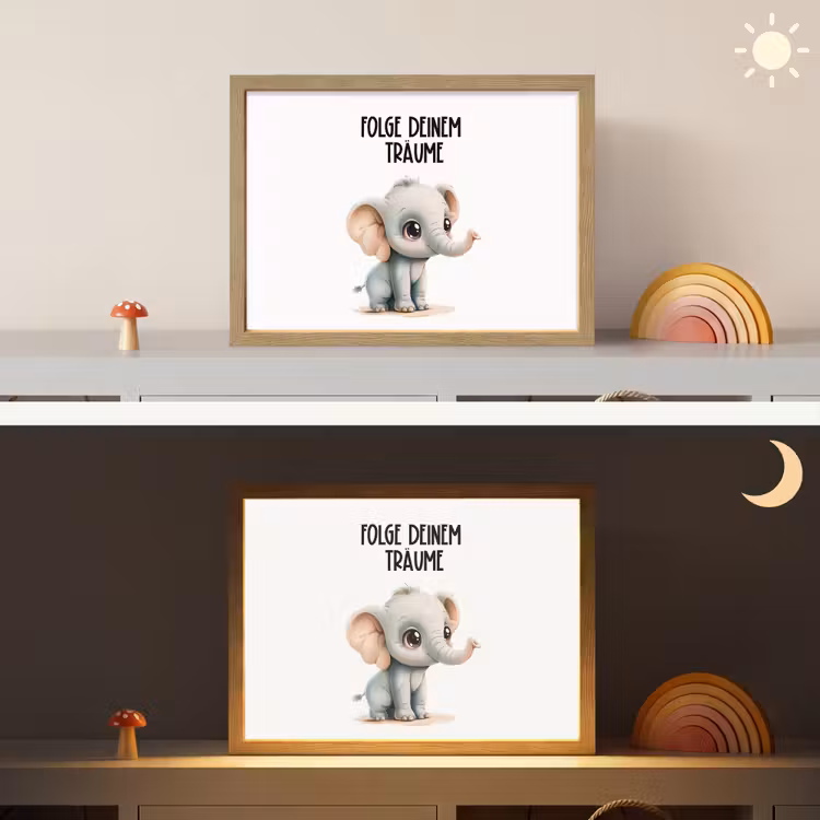 Olifant - Volg je dromen - Quote - Dier Light Box met batterij (Wandlamp kind) middel -sfeer3_kind