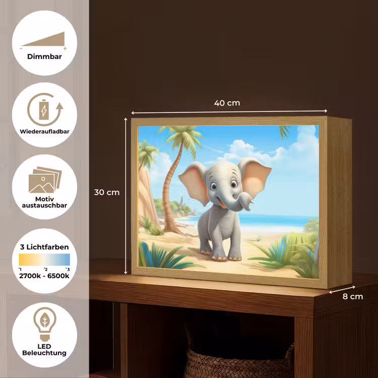 Olifant - Strand - Dieren - Meisjes - Kind Light Box met batterij (Wandlamp kind) middel -USP_websiteoverzichtDE