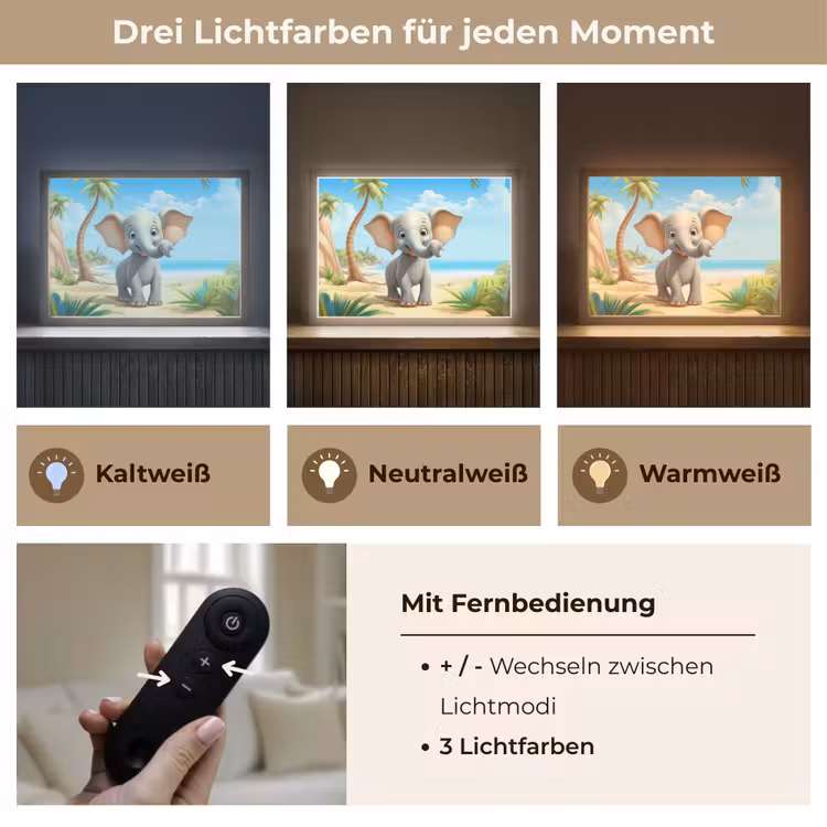 Olifant - Strand - Dieren - Meisjes - Kind Light Box met batterij (Wandlamp kind) middel -USP_lichtkleurDE