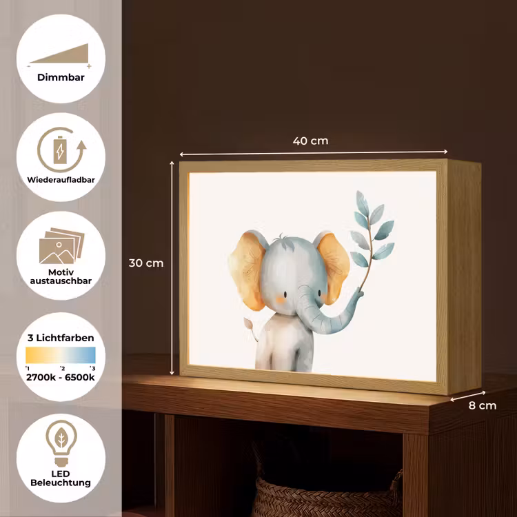 Olifant - Dier - Pastel kleuren Light Box met batterij (Wandlamp kind) middel -USP_websiteoverzichtDE