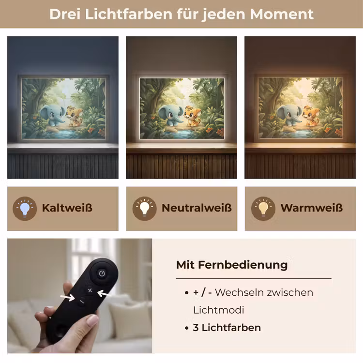 Olifant - Tijger - Bos - Jungle Light Box met batterij (Wandlamp kind) middel -USP_lichtkleurDE