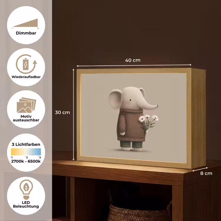 Olifant - Witte bloemen - Kindvriendelijk Light Box met batterij (Wandlamp kind) middel -USP_websiteoverzichtDE