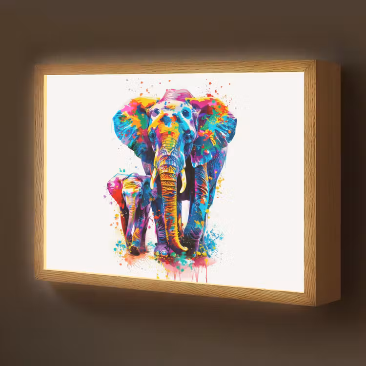 Olifanten - Dieren - Verf - Kleurrijk Light Box met batterij (Wandlamp kind) middel -z3d_website