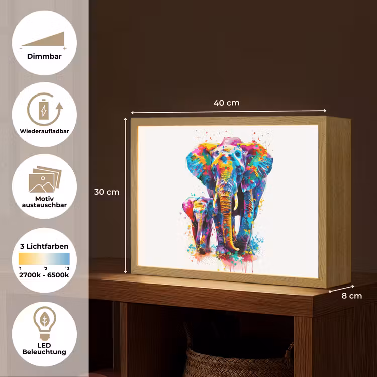 Olifanten - Dieren - Verf - Kleurrijk Light Box met batterij (Wandlamp kind) middel -USP_websiteoverzichtDE