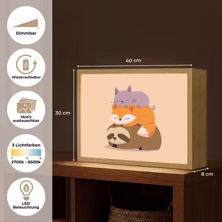 Luiaard - Vos - Kat - Slaperig Light Box met batterij (Wandlamp kind) middel -USP_websiteoverzichtDE