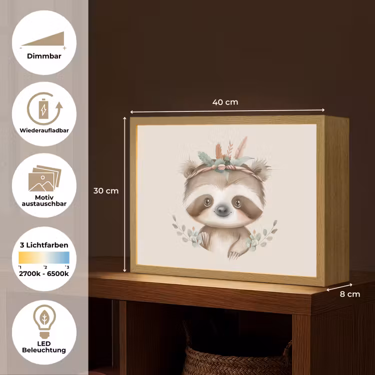 Luiaard - Dieren - Bohemian - Boho Light Box met batterij (Wandlamp kind) middel -USP_websiteoverzichtDE