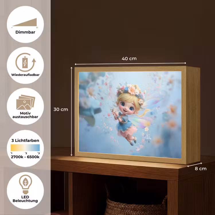 Fee - Bloemen - Sprookje - Blauw Light Box met batterij (Wandlamp kind) middel -USP_websiteoverzichtDE