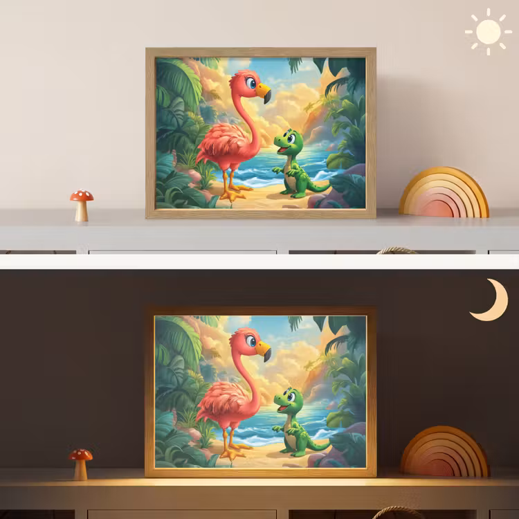Flamingo - Dinosaurus - Strand - Kleurrijk Light Box met batterij (Wandlamp kind) middel -sfeer3_kind