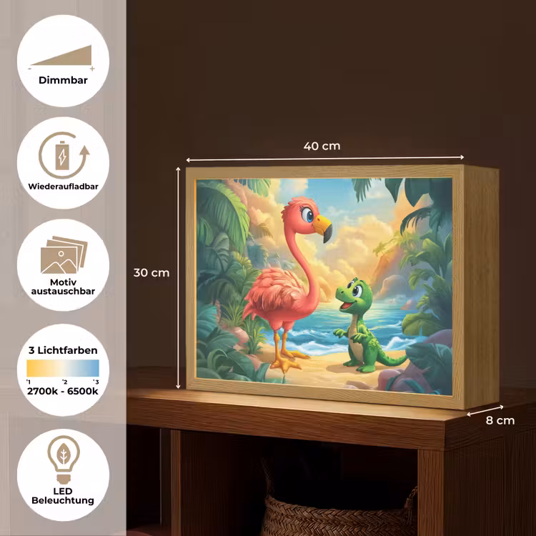 Flamingo - Dinosaurus - Strand - Kleurrijk Light Box met batterij (Wandlamp kind) middel -USP_websiteoverzichtDE