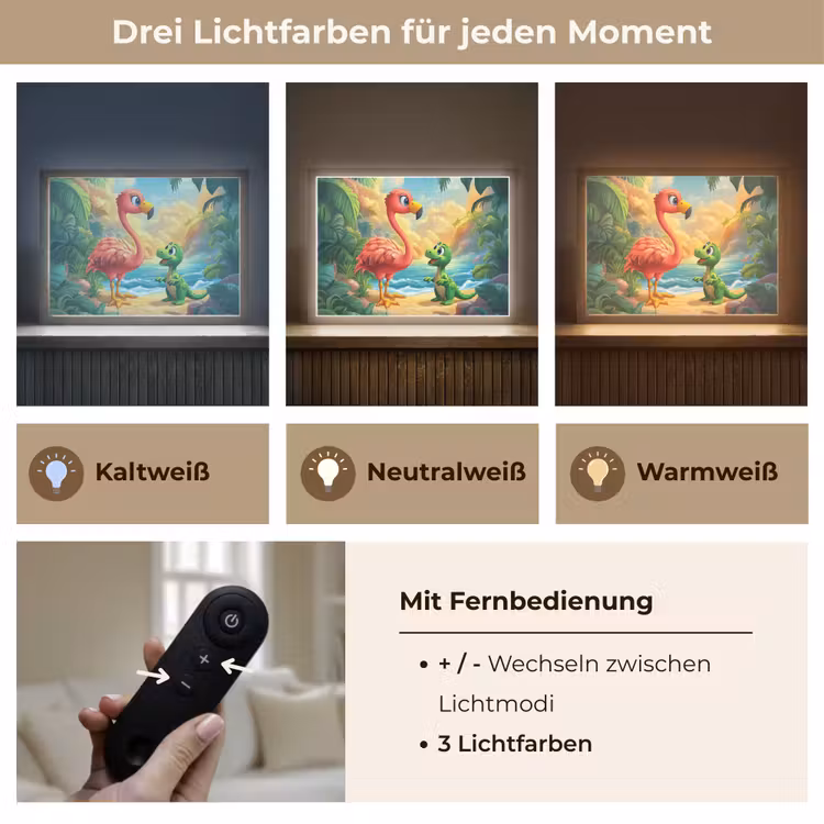 Flamingo - Dinosaurus - Strand - Kleurrijk Light Box met batterij (Wandlamp kind) middel -USP_lichtkleurDE