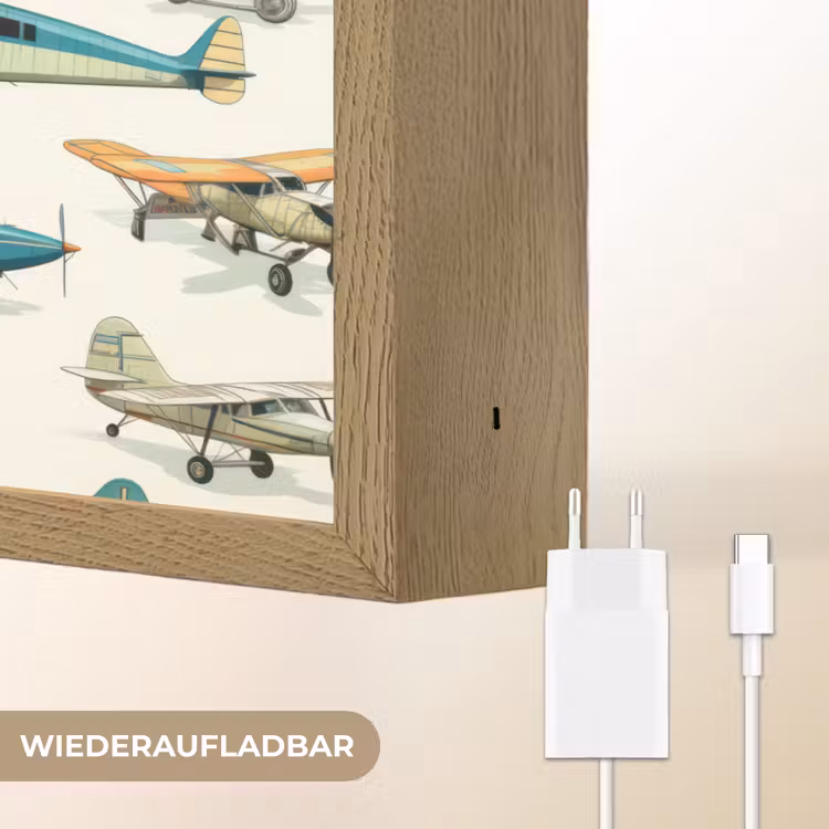 Vliegtuig - Blauw - Kinderen - Jongen - Oranje Light Box met batterij (Wandlamp kind) middel -USP_websiteoplaadbaarDE