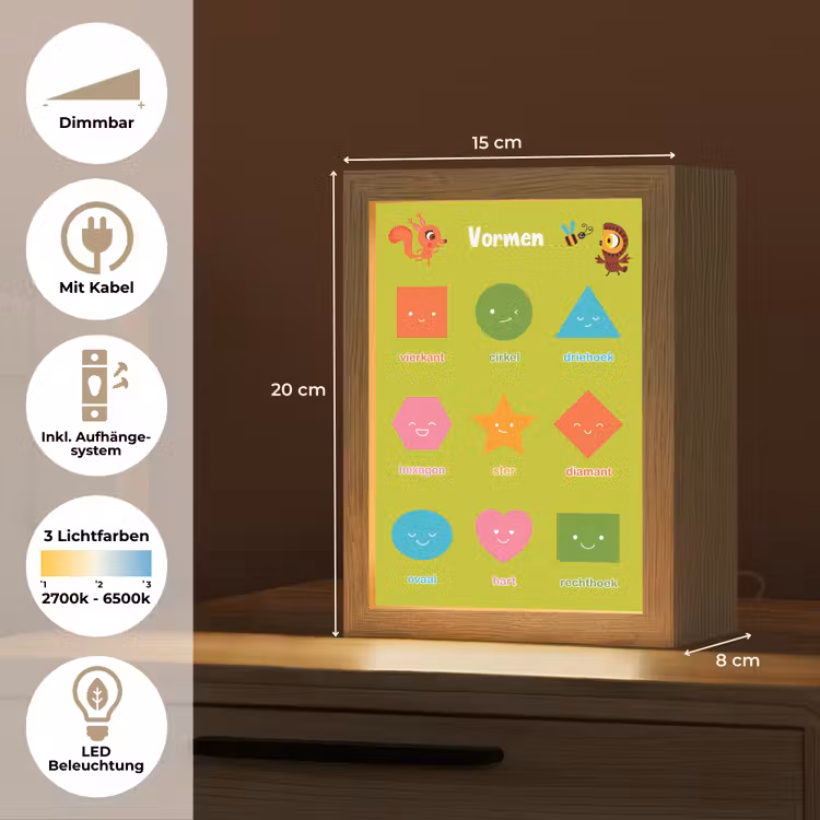 Vormen - Educatief - Leren voor kinderen - Groen Light Box met kabel (Wandlamp kind) klein -USP_overzichtDE