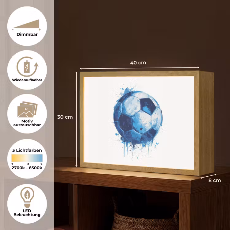 Voetbal - Blauw - Inkt - Spatten Light Box met batterij (Wandlamp kind) middel -USP_websiteoverzichtDE