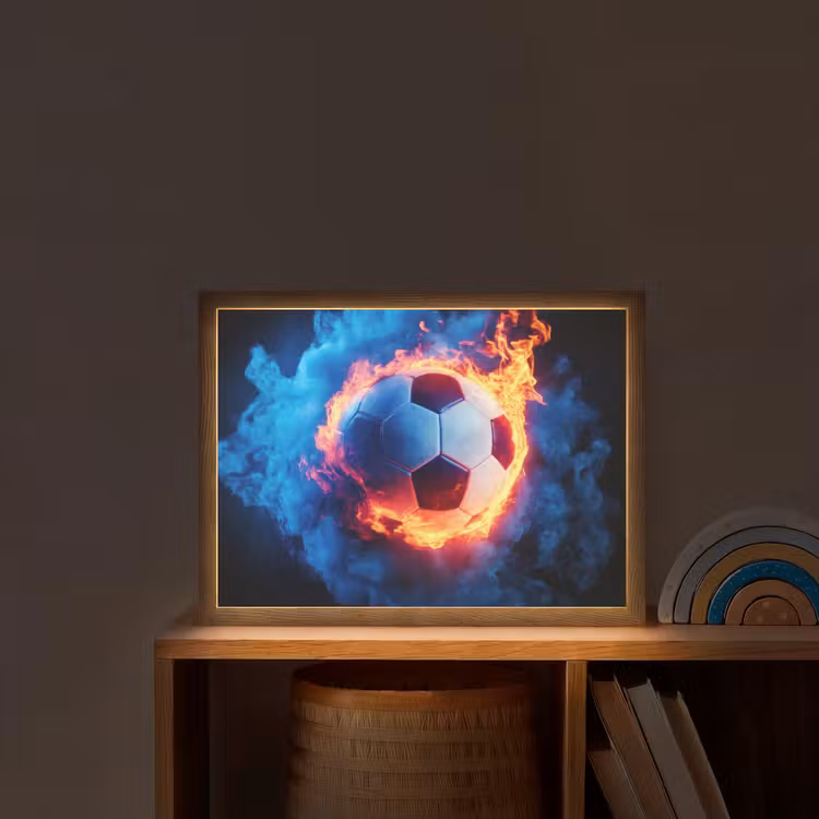 Voetbal - Vuur - IJs - Blauw Light Box met batterij (Wandlamp kind) middel -sfeer1_kind