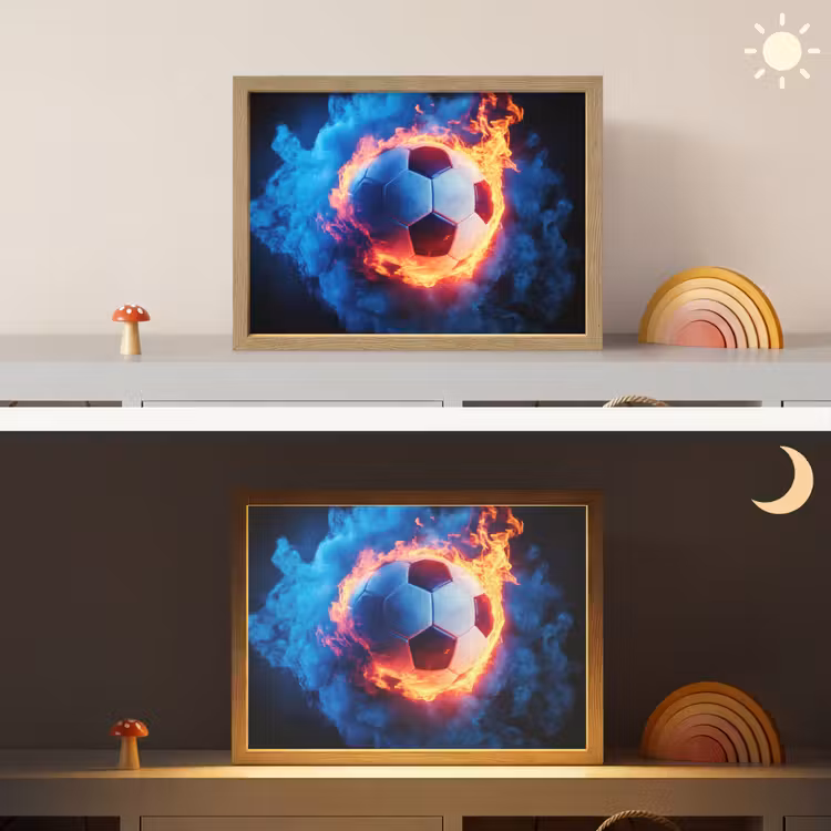 Voetbal - Vuur - IJs - Blauw Light Box met batterij (Wandlamp kind) middel -sfeer3_kind