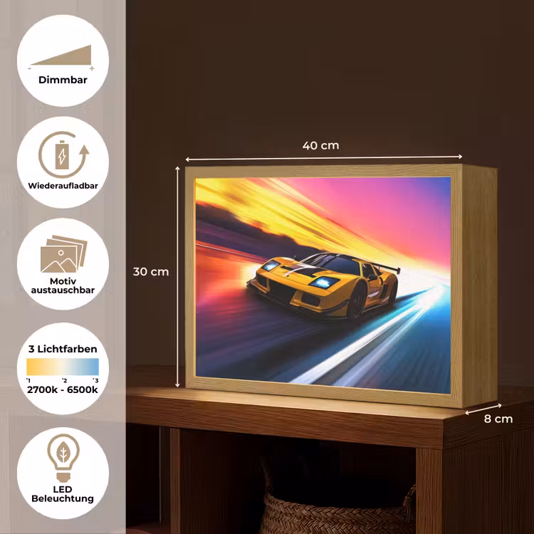 Gele raceauto - Kleurrijk - Neon Light Box met batterij (Wandlamp kind) middel -USP_websiteoverzichtDE