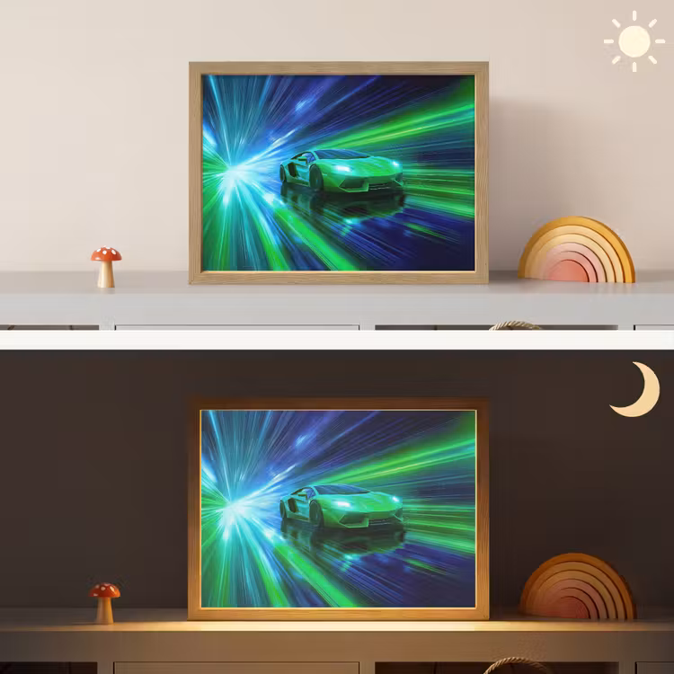 Snelheid - Licht - Sportwagen - Groen Light Box met batterij (Wandlamp kind) middel -sfeer3_kind