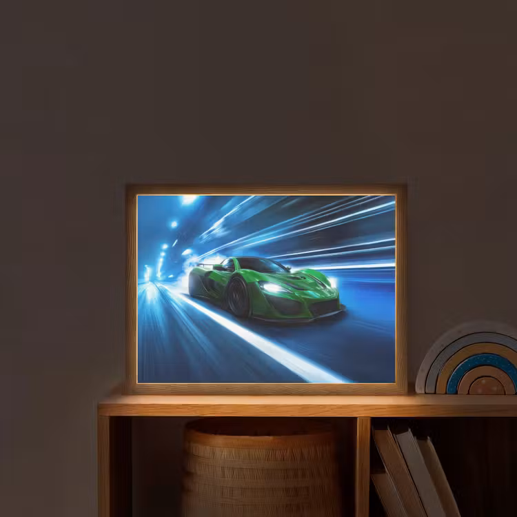 Groene racewagen - Blauw - Neon - Licht Light Box met batterij (Wandlamp kind) middel -sfeer1_kind