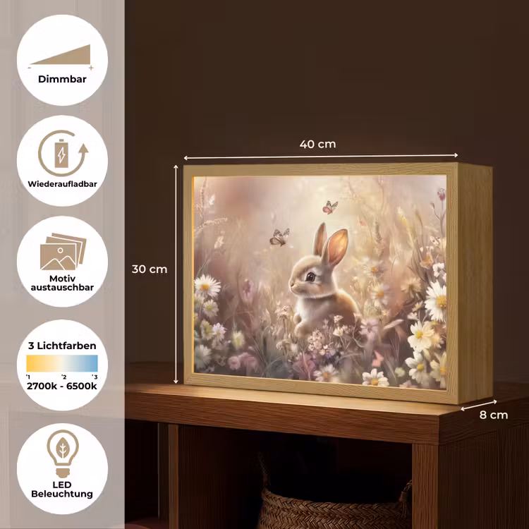 Konijntje - Bruin - Bloemen - Vlinders Light Box met batterij (Wandlamp kind) middel -USP_websiteoverzichtDE