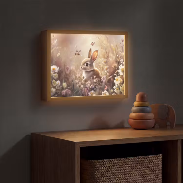 Konijntje - Bruin - Bloemen - Vlinders Light Box met batterij (Wandlamp kind) middel -sfeer5_kind