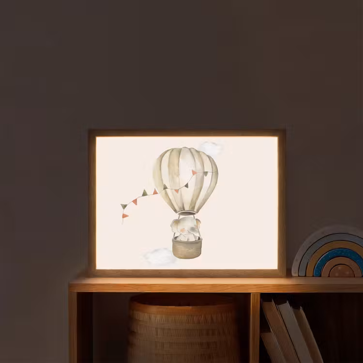 Luchtballon - Olifant - Watercolor - Beige - Dieren Light Box met batterij (Wandlamp kind) middel -sfeer1_kind