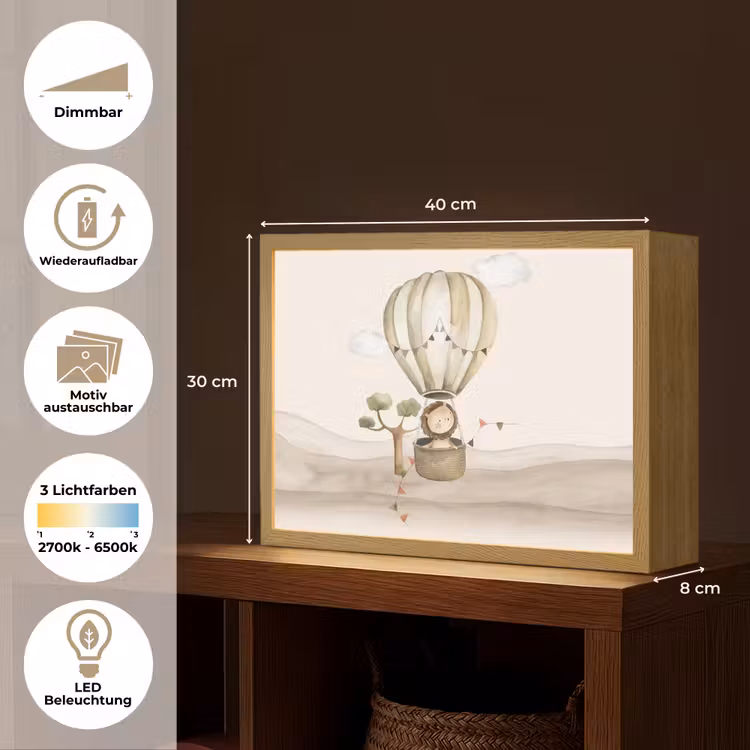 Luchtballon - Leeuw - Watercolor - Safari - Dieren Light Box met batterij (Wandlamp kind) middel -USP_websiteoverzichtDE