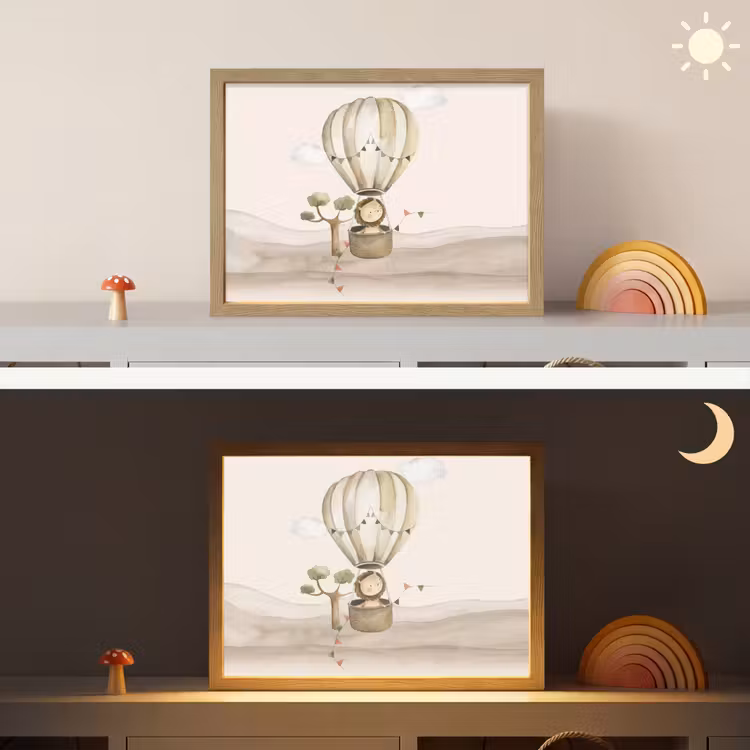 Luchtballon - Leeuw - Watercolor - Safari - Dieren Light Box met batterij (Wandlamp kind) middel -sfeer3_kind