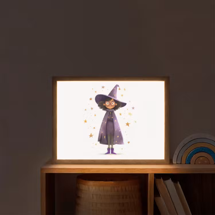 Heks - Paars - Sterren - Heksenhoed Light Box met batterij (Wandlamp kind) middel -sfeer1_kind