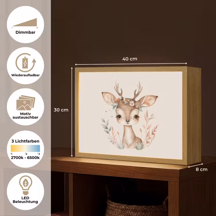 Hert - Bohemian - Bloemen - Bosdieren Light Box met batterij (Wandlamp kind) middel -USP_websiteoverzichtDE