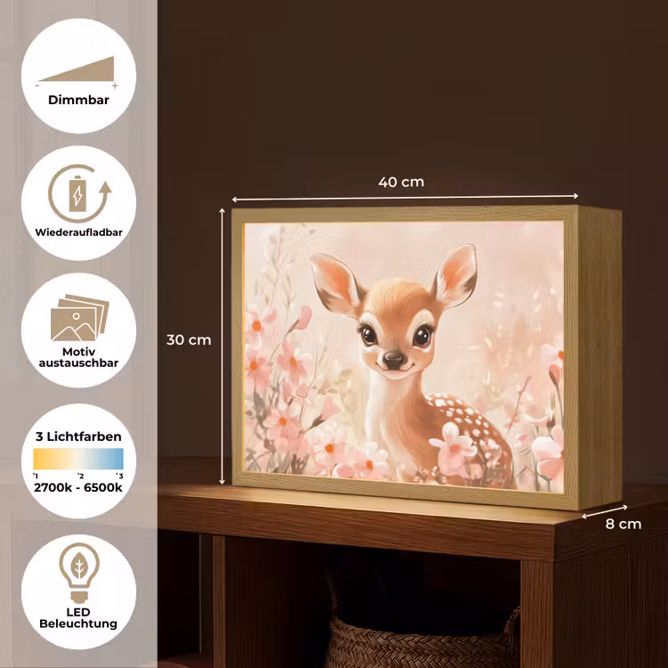 Hertje - Illustratie - Bloemen - Roze Light Box met batterij (Wandlamp kind) middel -USP_websiteoverzichtDE