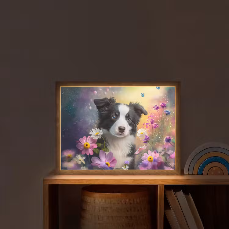 Hond - Bloemen - Natuur - Puppy - Bordercollie Light Box met batterij (Wandlamp kind) middel -sfeer1_kind