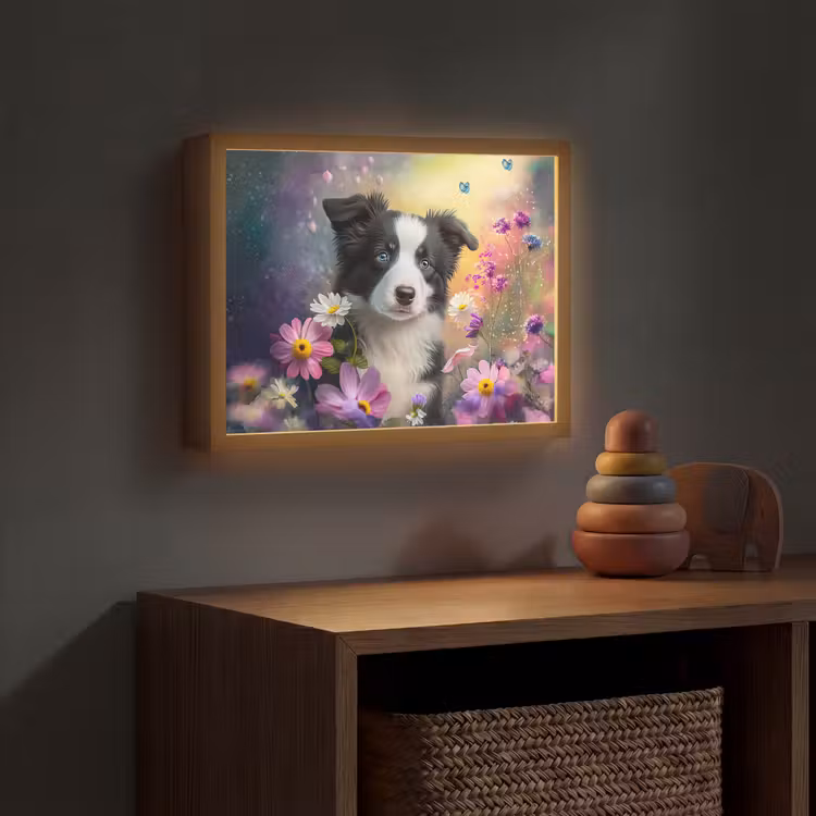 Hond - Bloemen - Natuur - Puppy - Bordercollie Light Box met batterij (Wandlamp kind) middel -sfeer5_kind