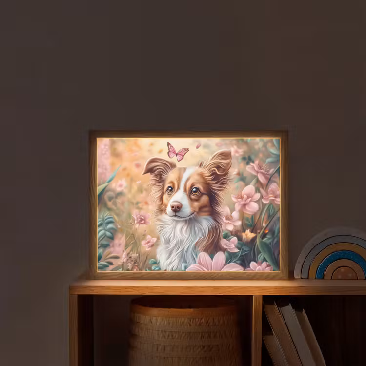 Hond - Bloemen - Roze Light Box met batterij (Wandlamp kind) middel -sfeer1_kind