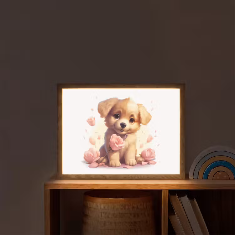 Hond - Bloemen - Roze - Meisjes - Kind Light Box met batterij (Wandlamp kind) middel -sfeer1_kind
