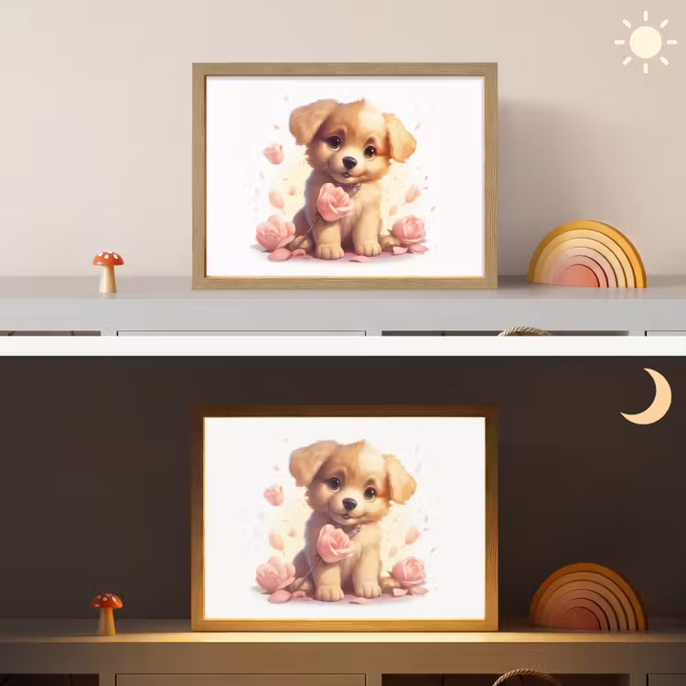 Hond - Bloemen - Roze - Meisjes - Kind Light Box met batterij (Wandlamp kind) middel -sfeer3_kind