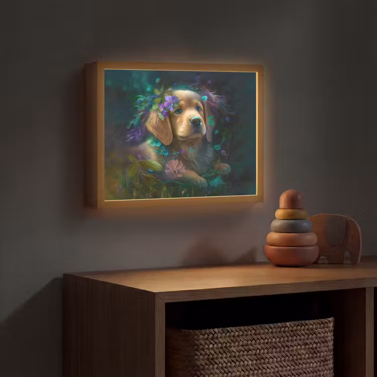 Hond - Puppy - Bloemen - Natuur - Golden retriever Light Box met batterij (Wandlamp kind) middel -sfeer5_kind