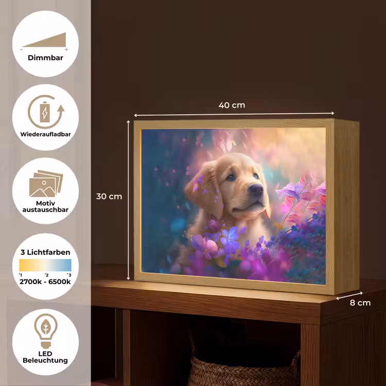 Hond - Puppy - Zon - Bloemen - Golden retriever Light Box met batterij (Wandlamp kind) middel -USP_websiteoverzichtDE