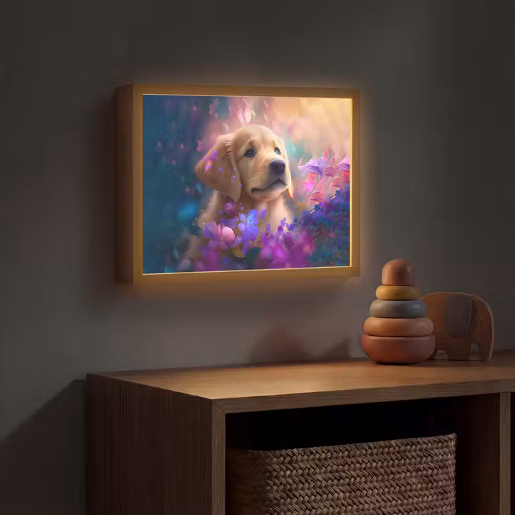 Hond - Puppy - Zon - Bloemen - Golden retriever Light Box met batterij (Wandlamp kind) middel -sfeer5_kind