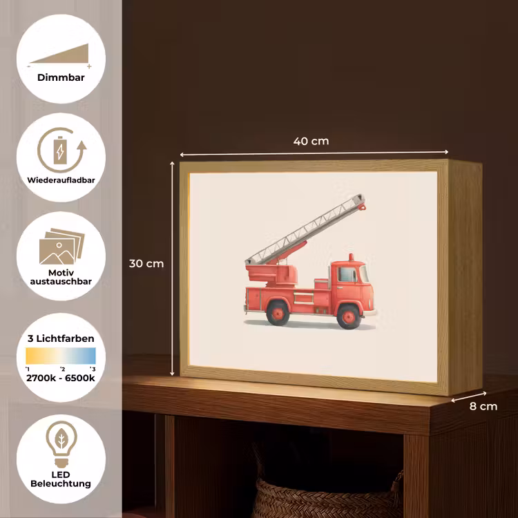 Illustratie - Brandweer - Rood - Minimalistisch Light Box met batterij (Wandlamp kind) middel -USP_websiteoverzichtDE