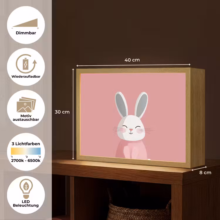 Illustratie - Konijn - Roze - Minimalistisch Light Box met batterij (Wandlamp kind) middel -USP_websiteoverzichtDE