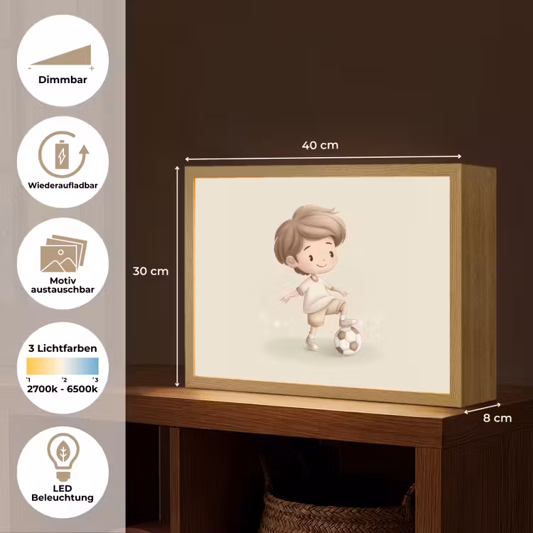 Jongen - Voetbal - Bruin - Minimalistisch Light Box met batterij (Wandlamp kind) middel -USP_websiteoverzichtDE