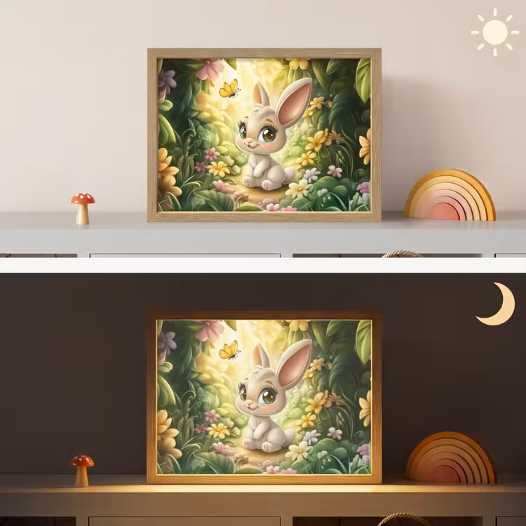 Konijn - Bos - Vlinders - Cartoon Light Box met batterij (Wandlamp kind) middel -sfeer3_kind