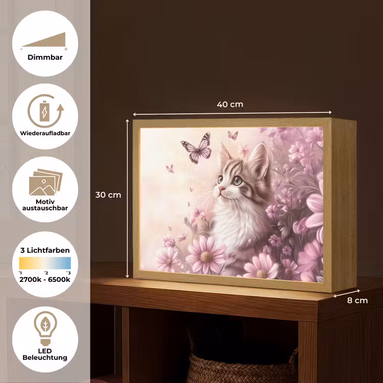 Kitten - Bloemen - Vlinders - Paars Light Box met batterij (Wandlamp kind) middel -USP_websiteoverzichtDE